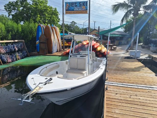 Rental boat alongside the Hurricane Hole dock